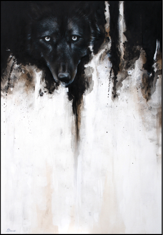 A painting in which a black wolf peers from a black abstract void on white grounds.