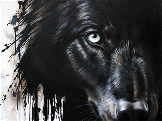 Painting of a large black wolf face, showing one half of his face while the other side is in shadow, his mane becomes black drips and splashes of paint