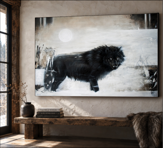 Painting of a large intimidating but gentle black wolf standing in a snowstorm observing the viewer. a full moon is in the sky behind him. it hangs on a wall in a rustic cabin.