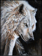 A painting of a large white wolf with chunky fur and a confident air about him.